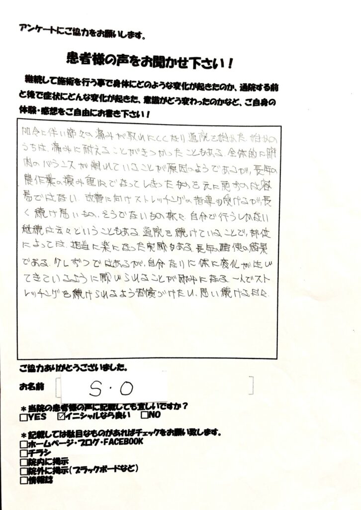 70代男性　和からだみなおし処にて鍼灸・整体を受け改善した患者さまの声
