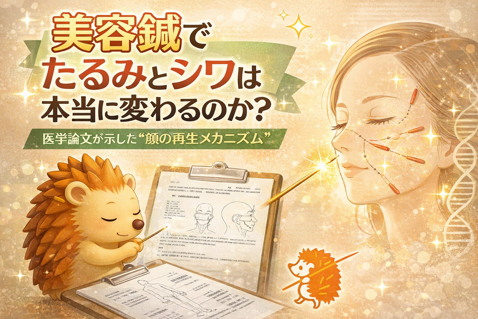 美容鍼の論文を読むハリーちゃん