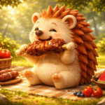 肉をほおばるハリーちゃん