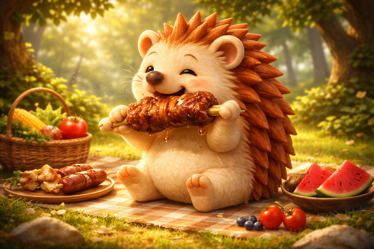 肉をほおばるハリーちゃん