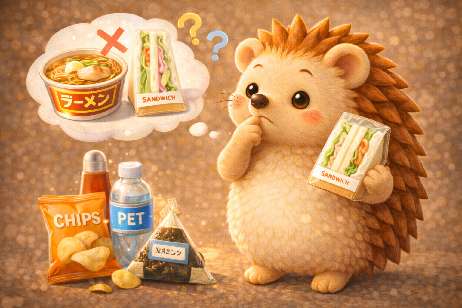 市販食品について考えるハリーちゃん